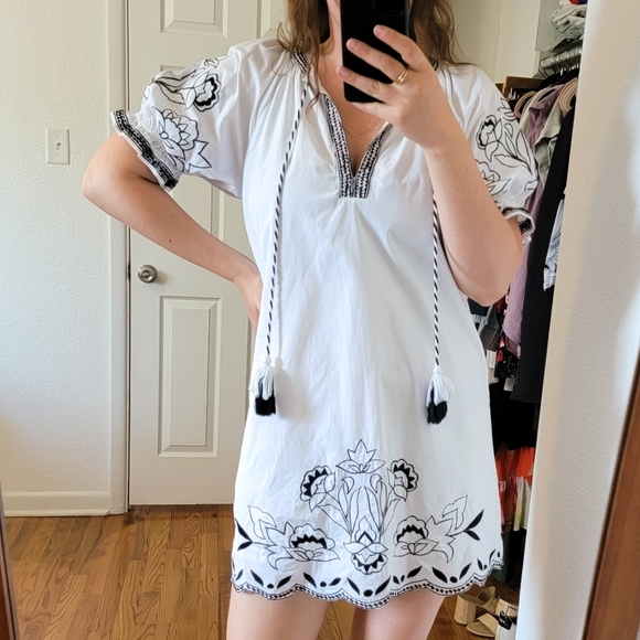 Parker Embroidered Black and White Puff Sleeve Cotton Mini Dress Small - Picture 2 of 13